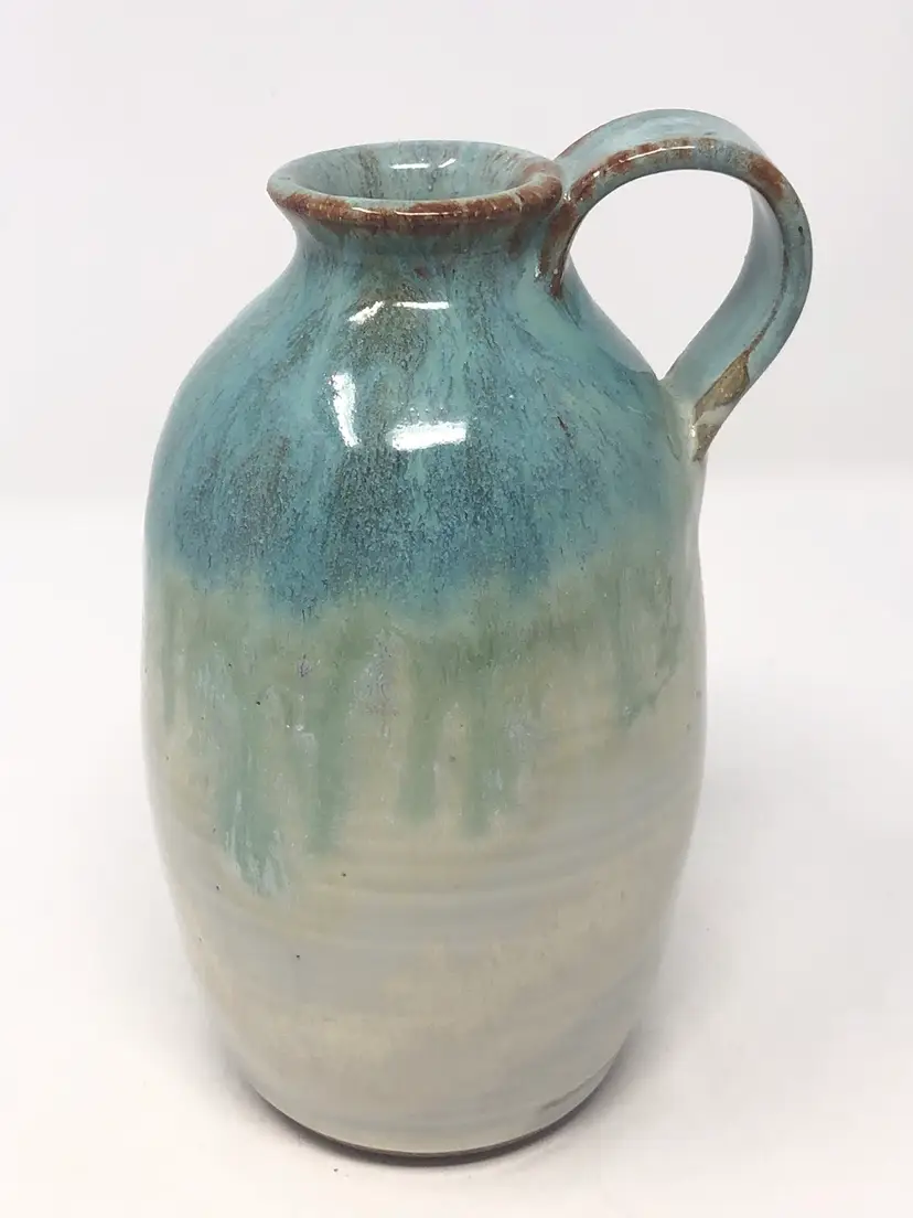 Handmade Pottery Pitcher/Vase Blue Green Drip Artist Signed