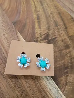 Vintage Sarah Coventry Silver Tone Flower Shaped Clip-On Earrings With Faux Turquoise