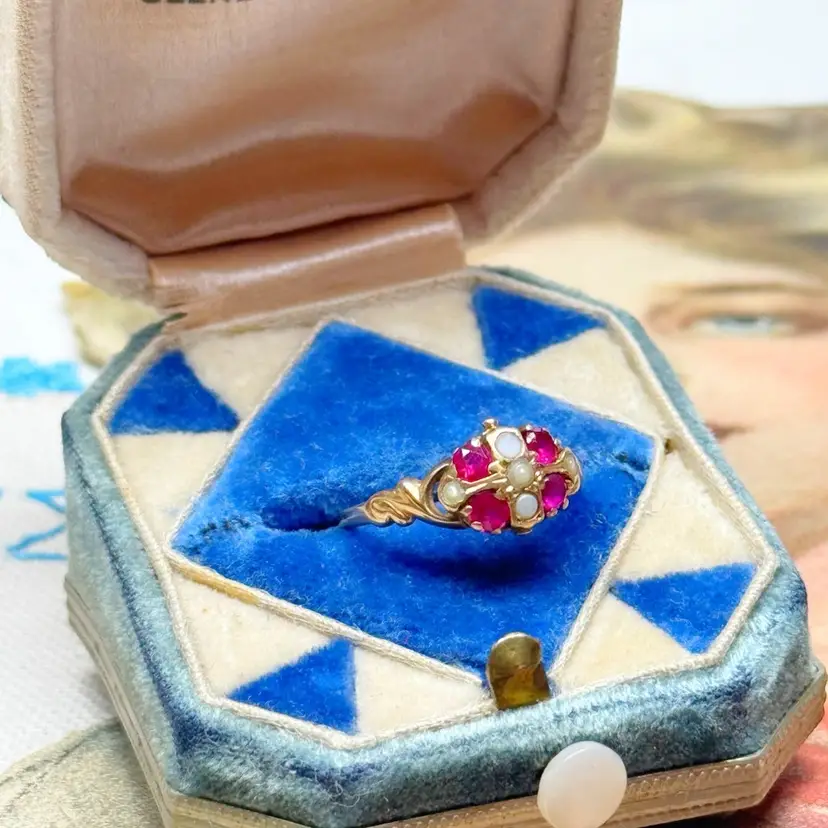 Antique Victorian Ruby & Seed Pearl 10K Ring Sz 5.5