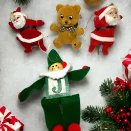 4 Vintage Christmas Ornaments Flocked Santas, Bear, 1 Wood Block Jester