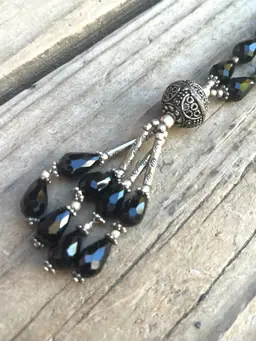 Faceted Black Glass Bead Necklace with Tassel adjustable 23-24 inch