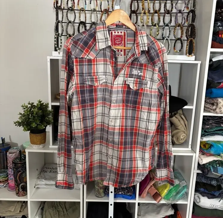 031 JACHS Plaid Button-Up Shirt MENS western “just a cheap shirt” cotton Mens Large