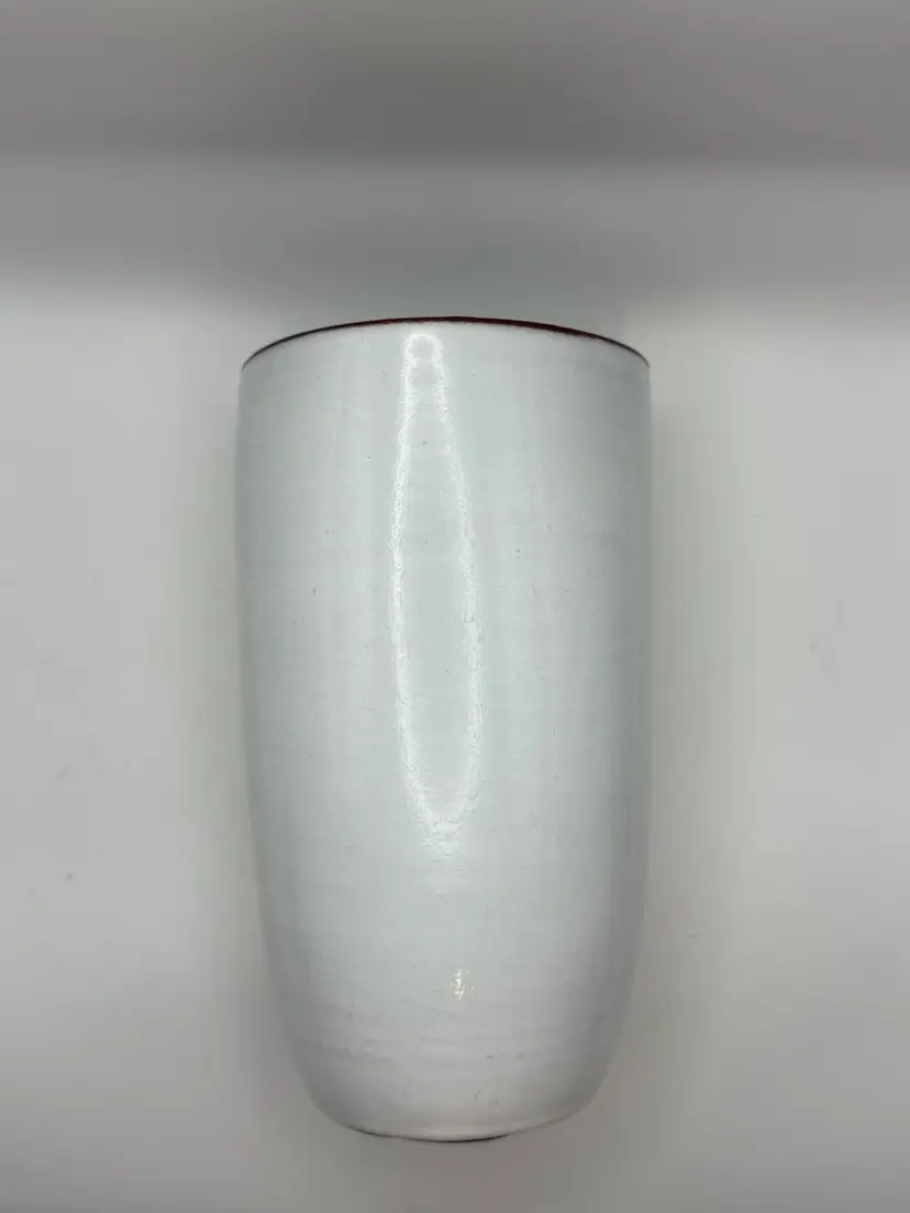 White Glazed Redware Vase 11” Signed
