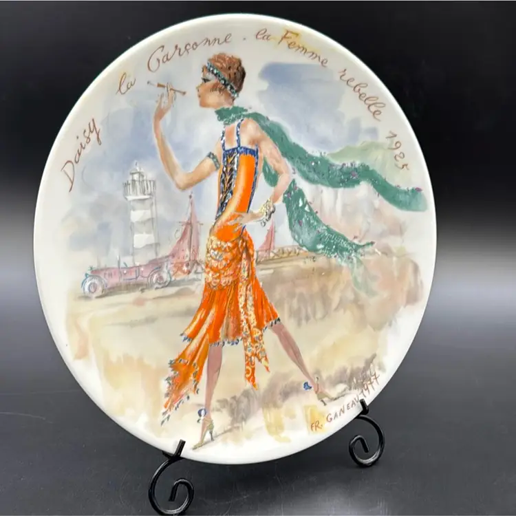 #01 Vintage Limoges Porcelain Orange Dress Flapper Girl plate