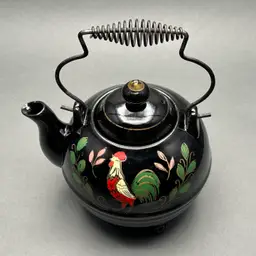 Vintage Japanese Black Glazed Redware Pottery Teapot With Hand Painted Rooster and Florals