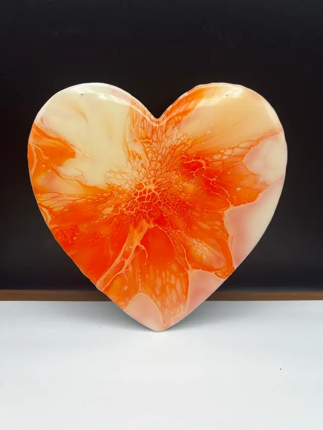Handmade By Me Painted And Resin Sealed Wooden Heart 
Orange Bloom On White
9” X 8 1/2”