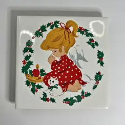Jasco 1981 Christmas Trivet Girl Angel Praying Kitten Holly Kitsch Holiday Vintage