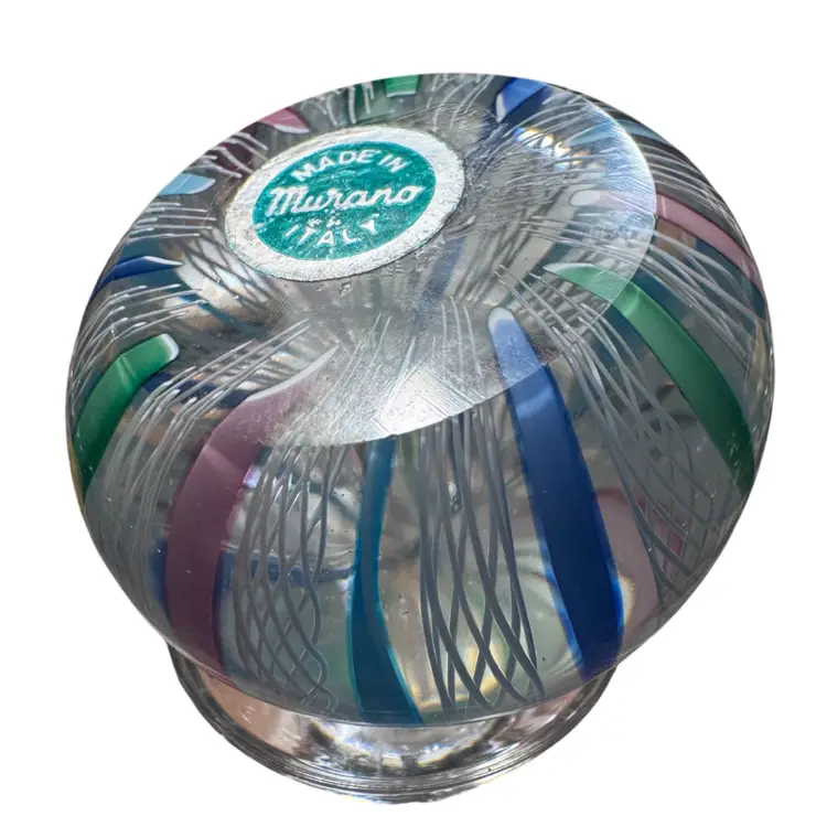 Made in Murano glass paperweight, Original Sticker, Excellent condition, Latticino/Zanfirico filigree, Circus tent style!