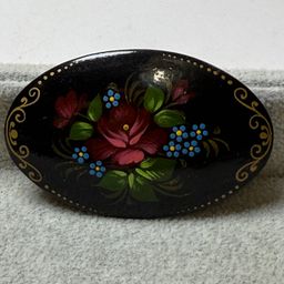 Vintage Russian Lacquer Wood Brooch Folk Art Miniature Red Rose Forget Me Nots Signed