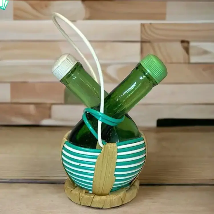 Chianti Bottle Nested Intertwined Salt & Pepper Shakers Green Glass Straw