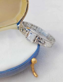 Vtg Art Deco Clear Stone Filigree Sterling Silver Hinged Bangle Bracelet - 14.7g