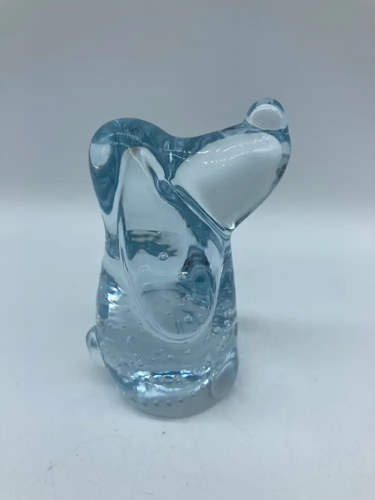 Hand Blown Clear Art Glass, Blue Tint,  W/Bubbles Hound Dog Figurine Paperweight 4" H x 2" L