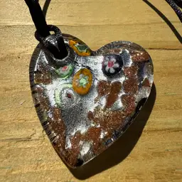 Italian Art Glass Millefiori Heart Pendant 2” + 18” Rope