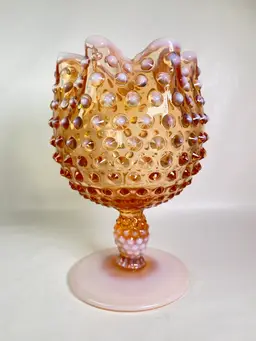 Vintage Duncan Miller Pink Opalescent Ruffle Rimmed Hobnail Footed Vase