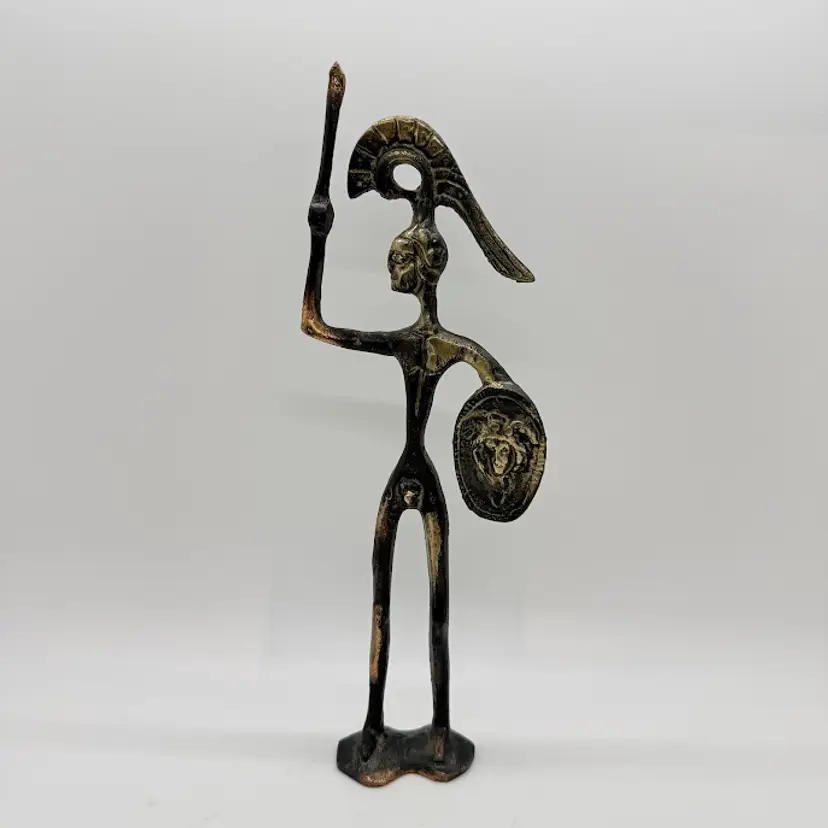Etruscan Greek Art Brass Bronze Metal Warrior Statue Figure Vintage MCM 9"