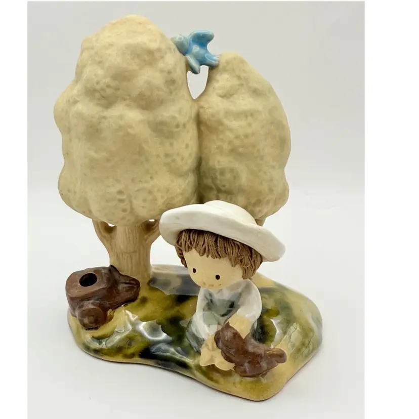 Vintage UCTCI Pottery Boy With Trees/ Has A Bird On It