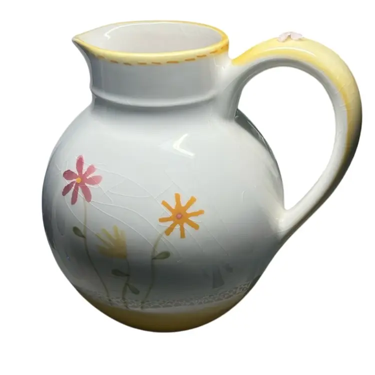 “Tag” Made In Portugal - Ceramic Pitcher With Florals White & Yellow. Has Crazing But No Damage