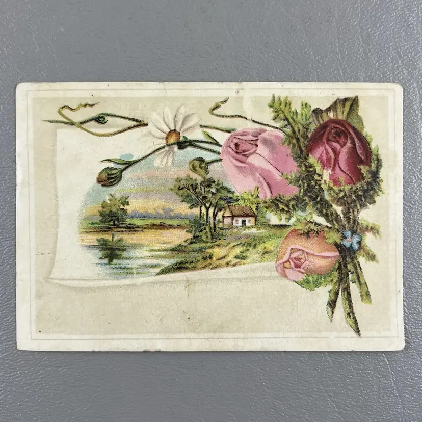 Victorian Trade Card Cottage Lake Pink Roses Daisy Scenic Vignette House  3x4.5"