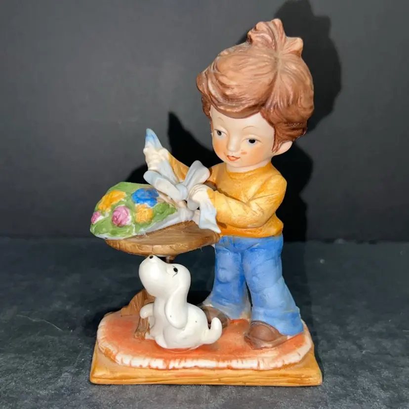 #01 - Boy Figurine with Puppy & Bouquet Of Flowers, Kitschy, 5β x 3.5β x 2", Made In Taiwan
