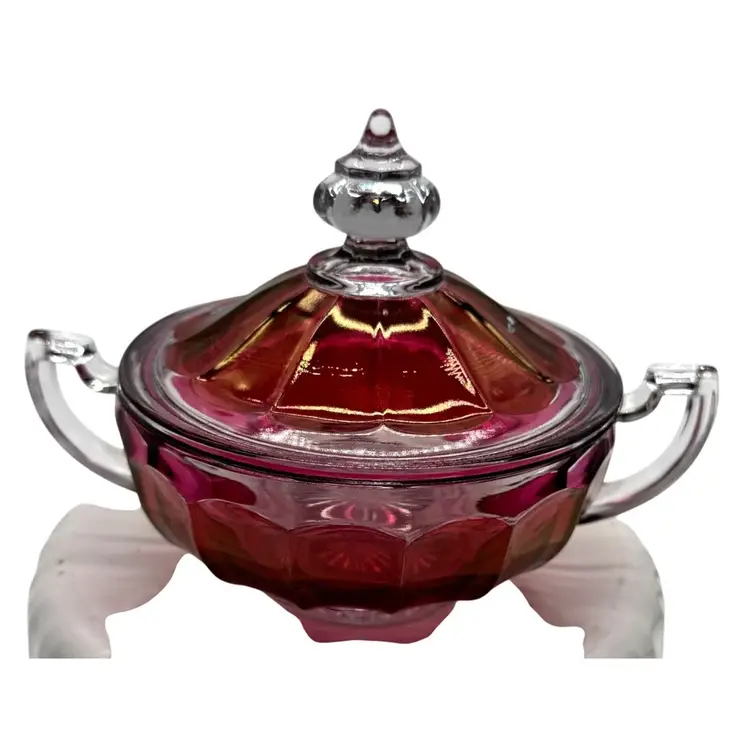 Vintage Westmorland Hand-Painted Ruby Glass Candy Dish Lid Floral Signed 1977