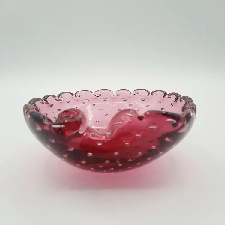 Cranberry Pink Glass Controlled Bubbles Scalloped Edge Shell Bowl Ashtray Dish