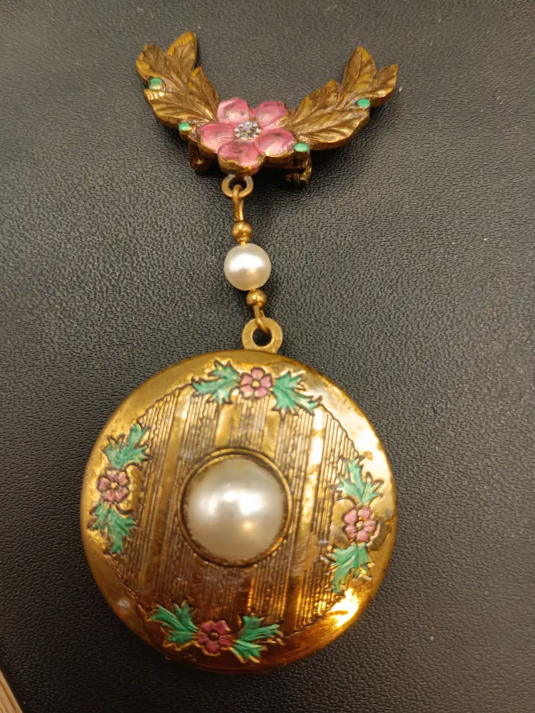 Vintage Brass Pink and Green Enamel Faux Pearl Double Locket Brooch.
