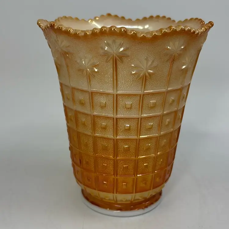 Imperial Marigold on Milk Glass Block & Daisy Carnival Glass Vase 5”