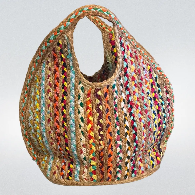 Antik Kraft Woven Jute Straw Recycled Fabric Shopper Handbag Multicolored