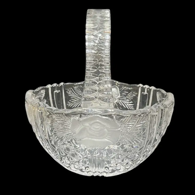 MARKDOWN! Clear Glass Bridal Basket With Frosted Roses ~3.5β x 6.75β x 5β (6.75β high w/ handle)