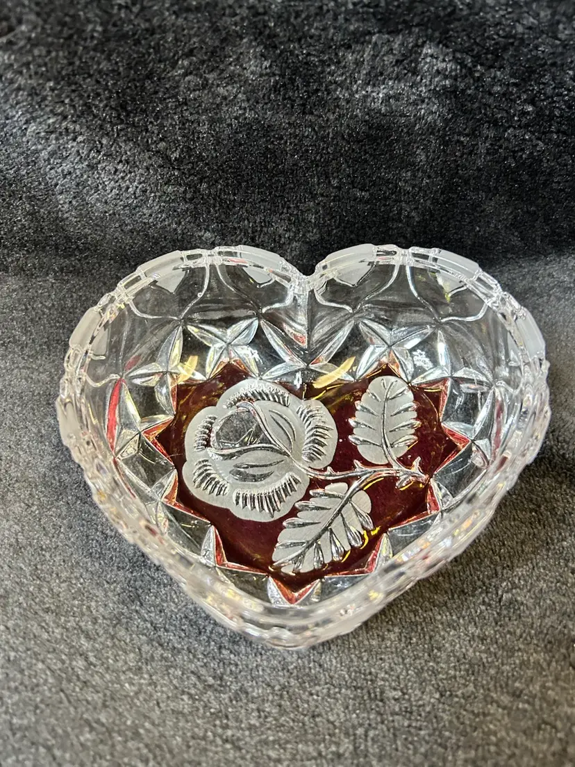 Vintage Lead Crystal Iridescent Heart Trinket Dish 5x4x2