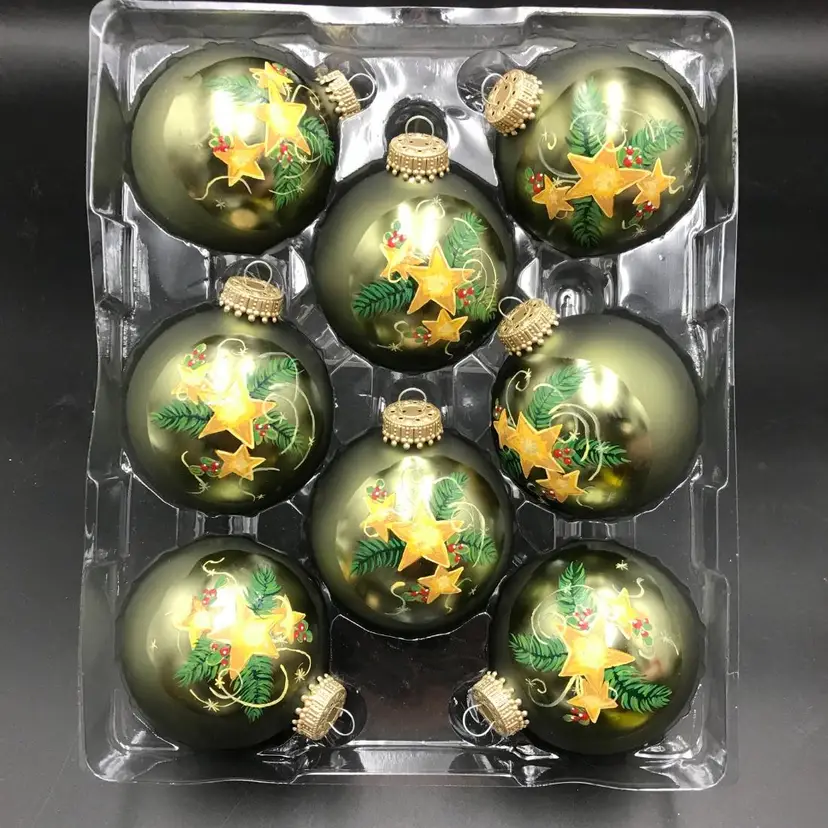 Hand Painted Glass Ornaments Green with Pine, Stars, and Berries Set of 8 One of a Kind