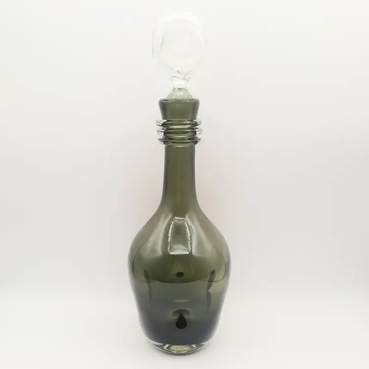 Vintage Carl Erickson Smoky Green Gray Dimpled Decanter Bottle with Clear Glass Dimpled Stopper