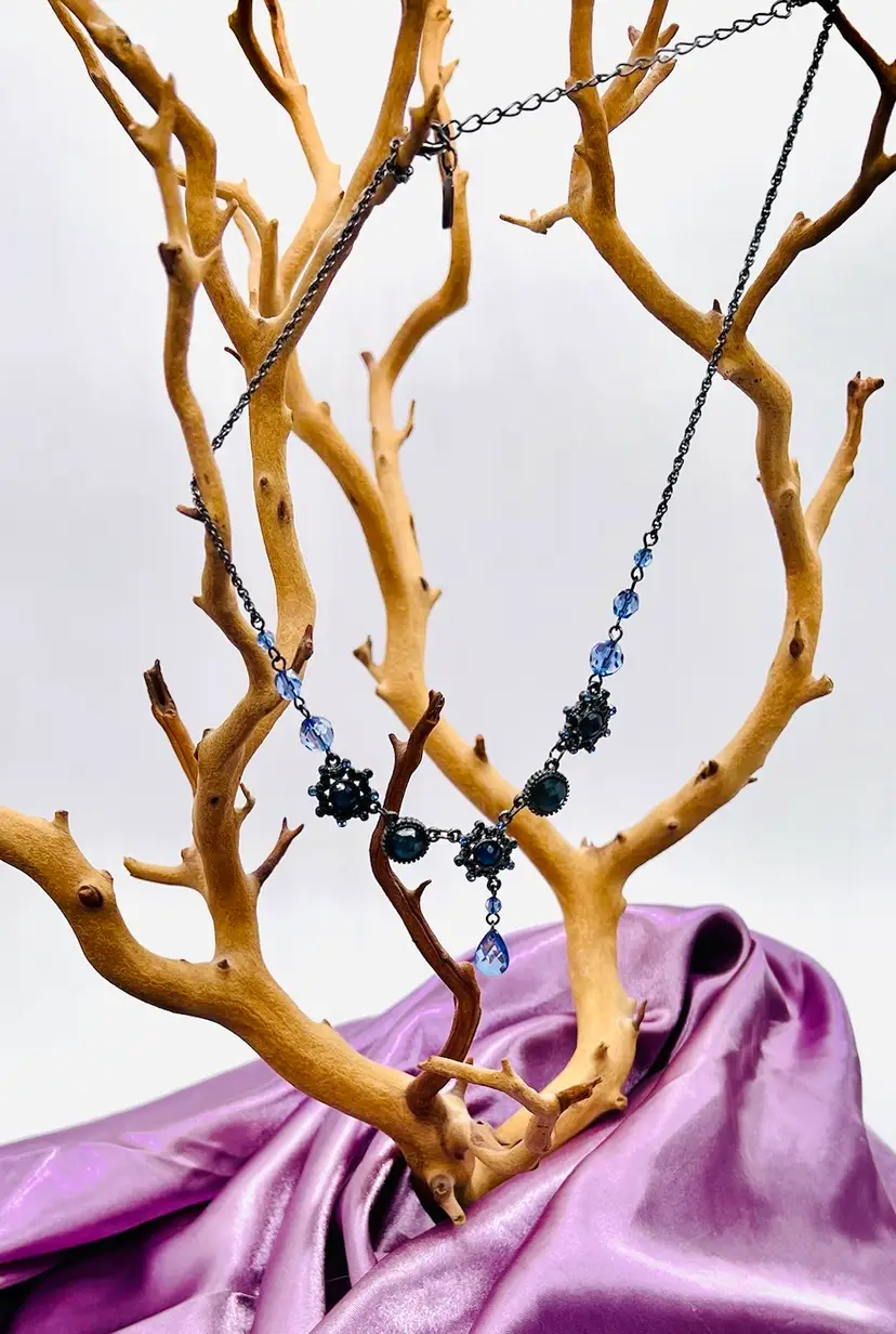 1928 Blue Bead Floral Motif On Black Chain 19” Adjustable Prom