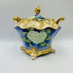 Hollywood Regency Hand Painted Porcelain Lidded Biscuit Jar Hydrangea And Ornate Gold Gilding