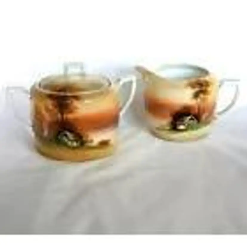 NIPPON Creamer Covered Sugar Set Porcelain Hand Painted typical scene Vintage