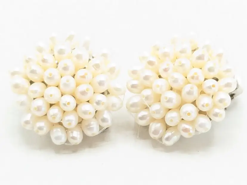 Vintage Seed Pearl Clip On Earrings Silver Tone