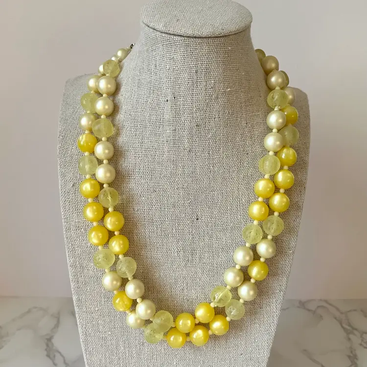 Vintage Double Strand Necklace Signed Japan With Yellow Beads