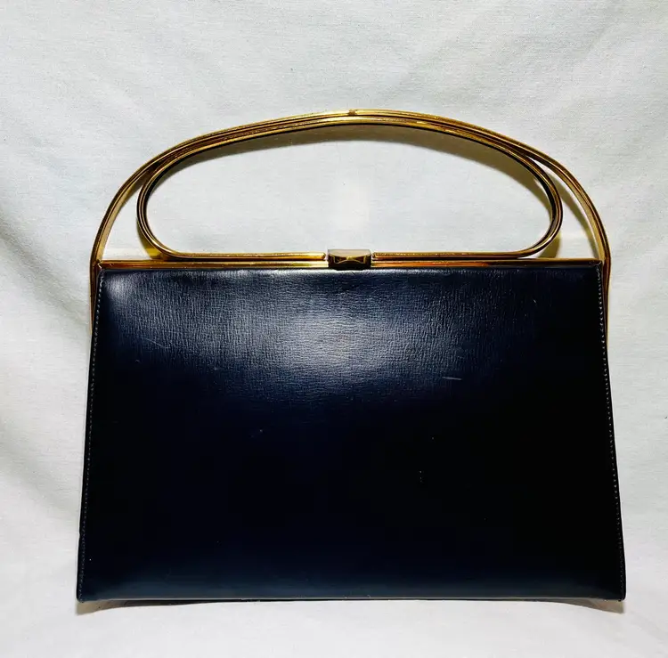 Vintage Navy Blue Leather Clutch Purse With Gold Tone Metal And Navy Enamel Handle By Block 