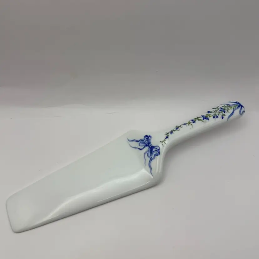 Hand Painted Signed Blue Floral Porcelain Cake Server 10”