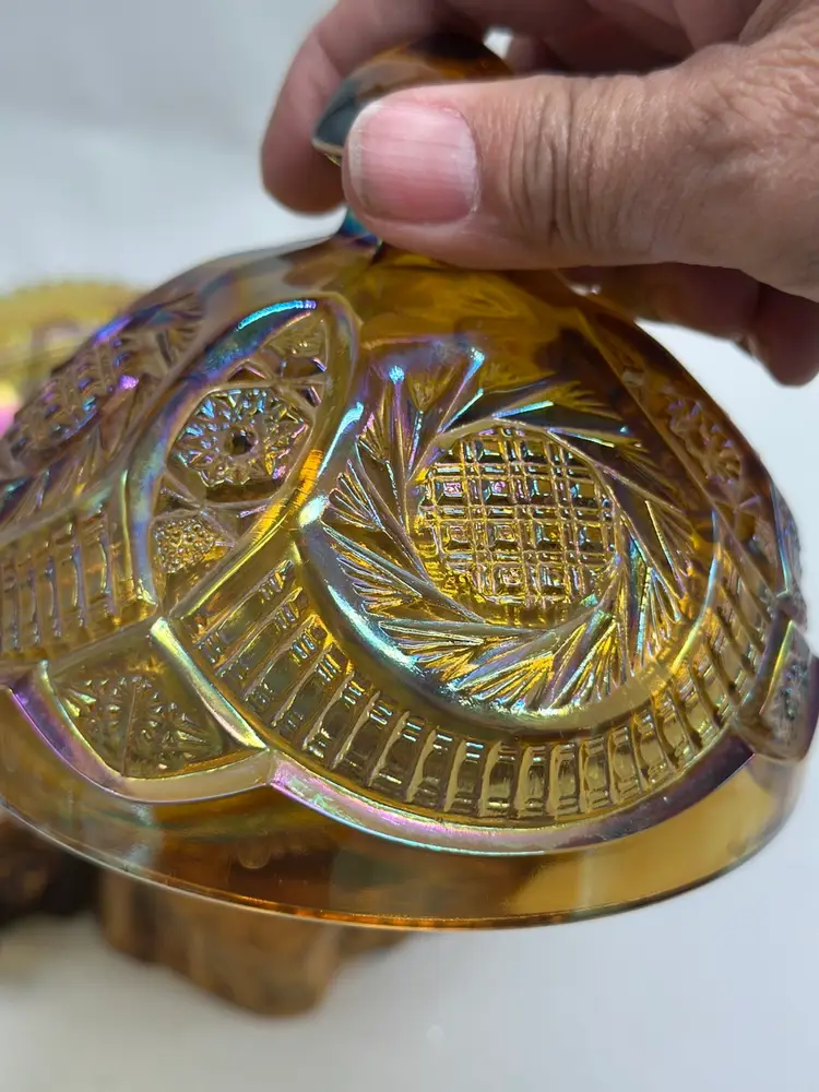 SALE Vintage LE Smith Carnival Glass Marigold Amber Butter Dish Sunburst Hobstar