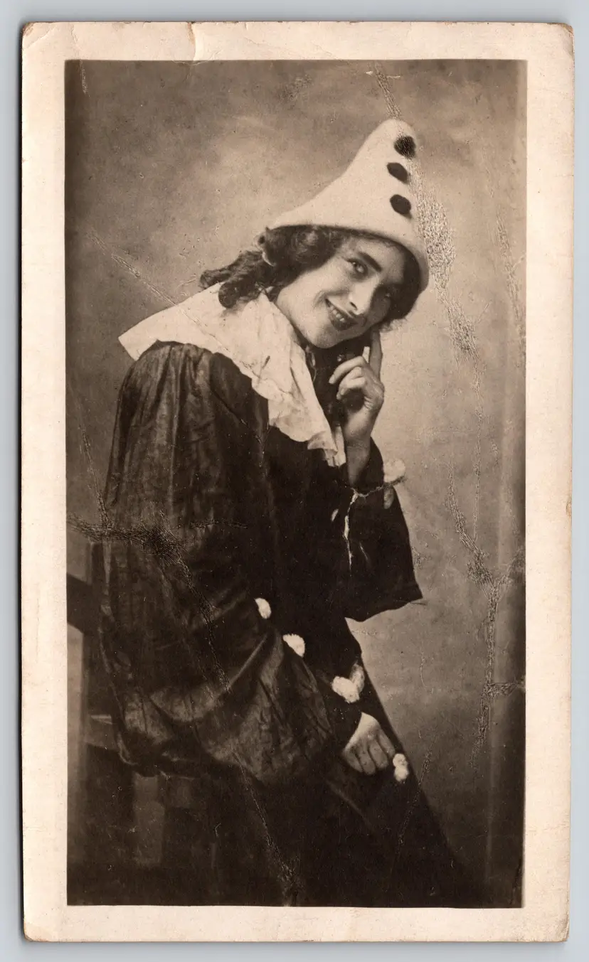 Postcard RPPC Cute Woman in Clown Costume Real Photo Pom Pom Clown Suit - 9038