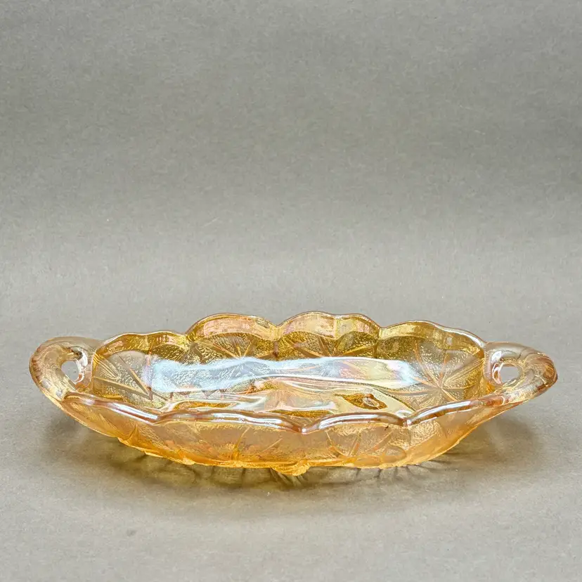 Vintage Indiana Glass “Lily Pons Sunflower” Marigold Carnival Glass Relish Dish with Handles