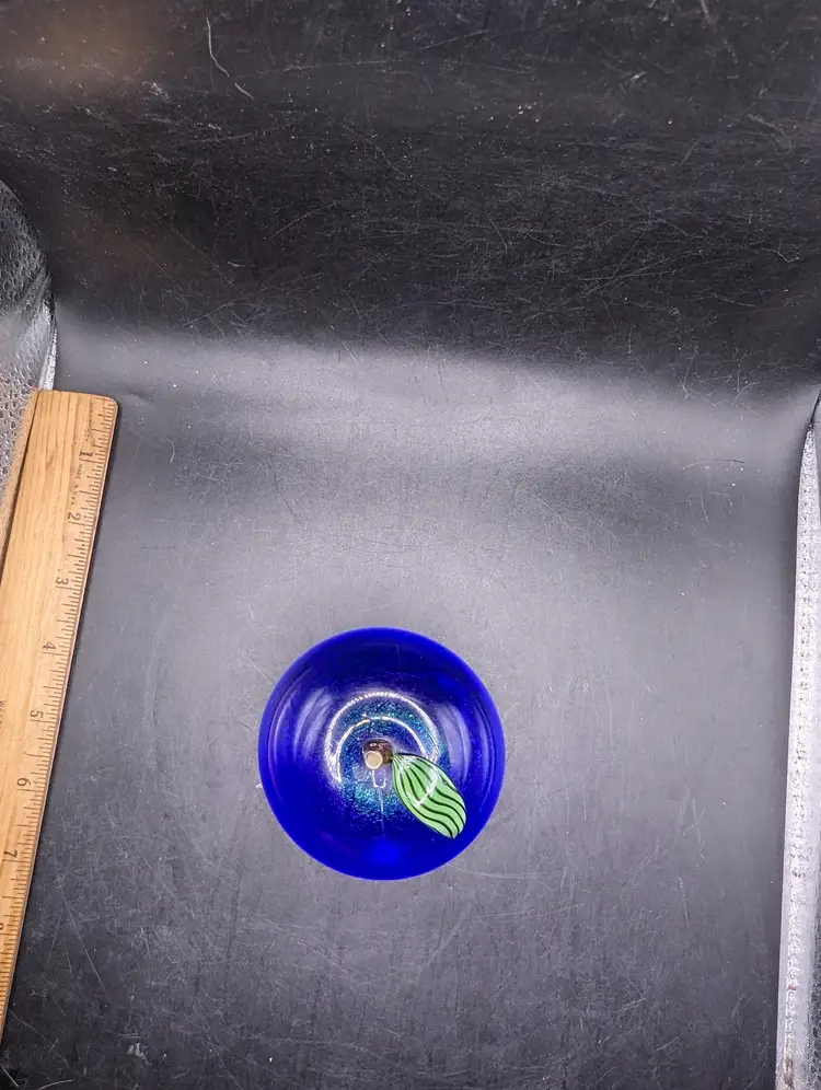 Vintage Orient and Flume Blue Art Glass Fruit Paperweight Signed From Chico Ca