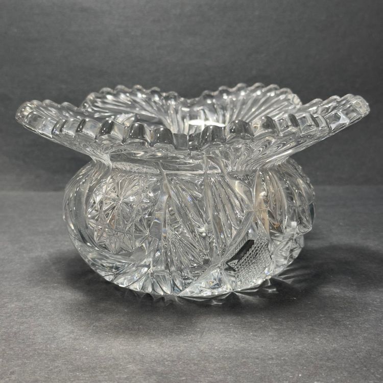 #1497 Vintage Pressed Clear Glass Bowl EAPG, Deep Cut Fan, Star Bursts And Diamond Design With Scallop Ruffled Rim Fruit Bowl Serving Dish Heavy Thick Cut Glass Sawtooth