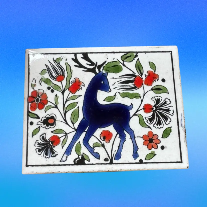 Manousaki Keramik Rodos Greece Stag Floral Match Box Cover