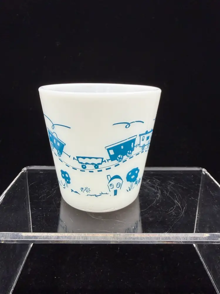 Vintage 1960s Pyrex Blue Train Childs Milk Glass Mug