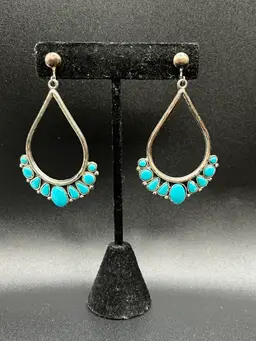 Marked Southwestern Sterling Silver & Sleeping Beauty Turquoise Tear Drop Dangle Screw Back Earrings 2.5” 🩵