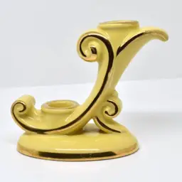 Vintage Abingdon No. 479 Double Candlestick, Yellow, Hand Painted Gold Accents