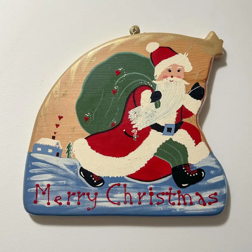 Vintage Wooden Santa Sign Christmas Handmade Hand Painted Kitsch Kitschy Wood Signed
