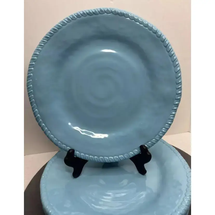 Four Tommy Bahama Aqua Turquoise Melamine Crackle Rope Edge Dinner Plates